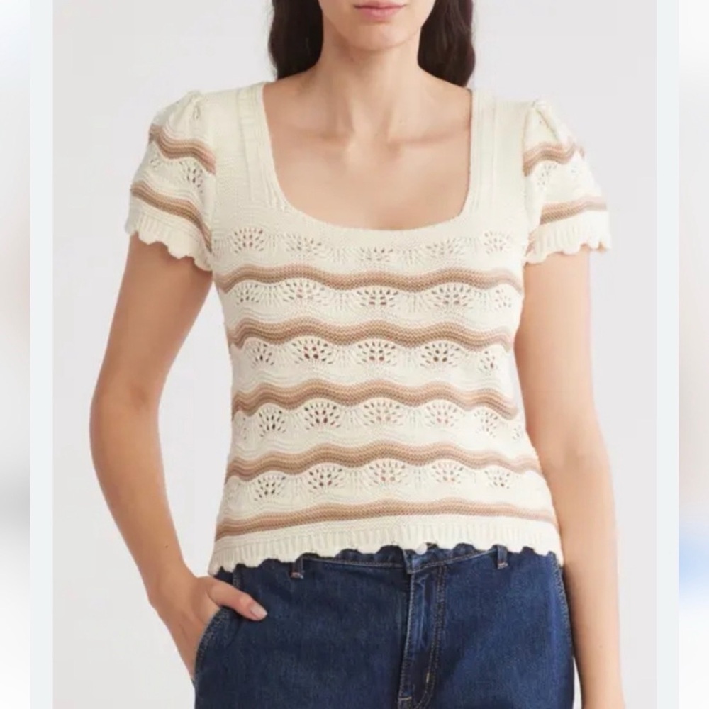 Jessica Simpson Cream and Taupe V-Neck Knit Ruffle-Sleeve Tank